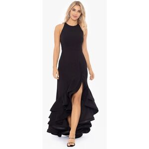 Betsy & Adam Ruffle Halter Crepe Gown in Black NWT Size 2